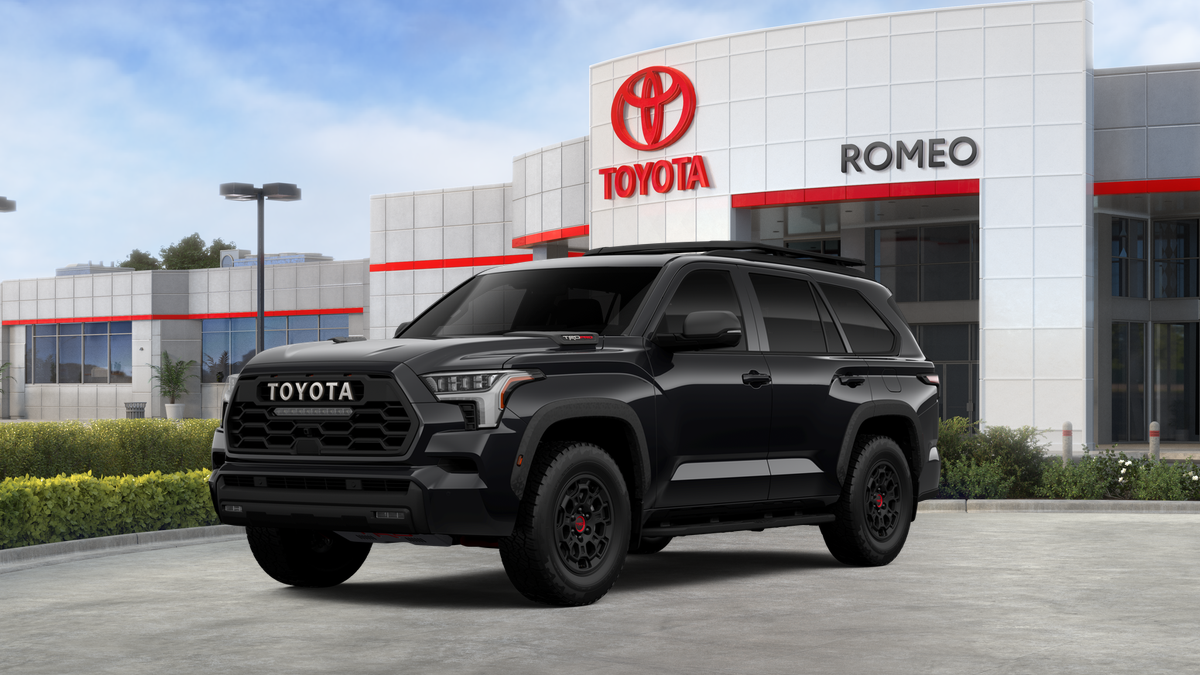 2026 Toyota Sequoia TRD Pro in Midnight Black Metallic — front three-quarter view